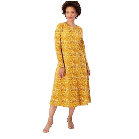 Denim&Co Yellow Floral Paisley Harvest Gold  Midi Dress Size 1X Lagenlook Fall - Picture 1 of 8